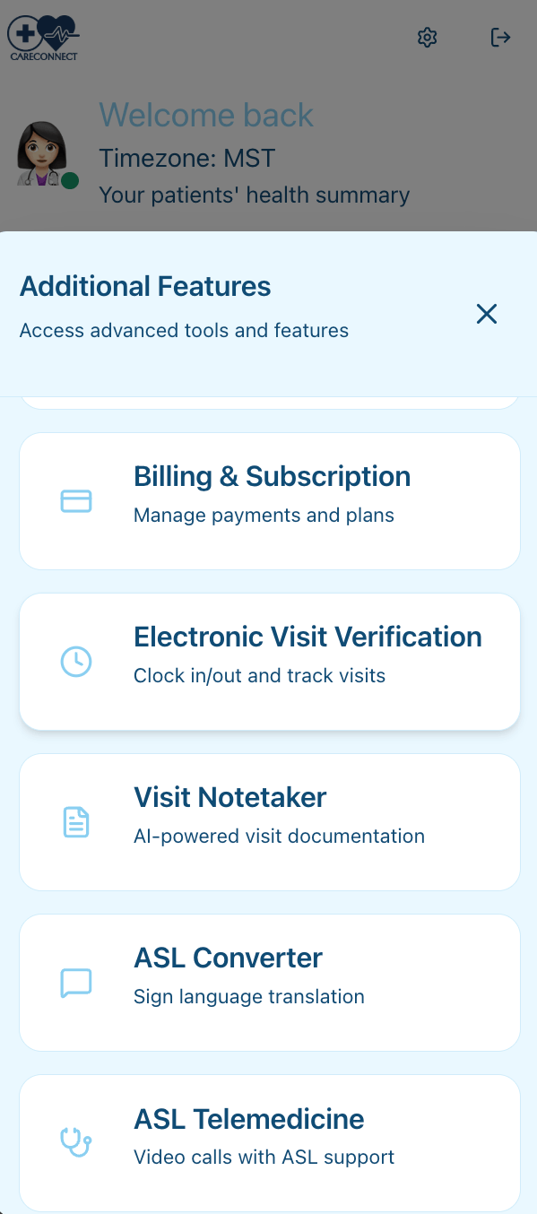 Caregiver features screen