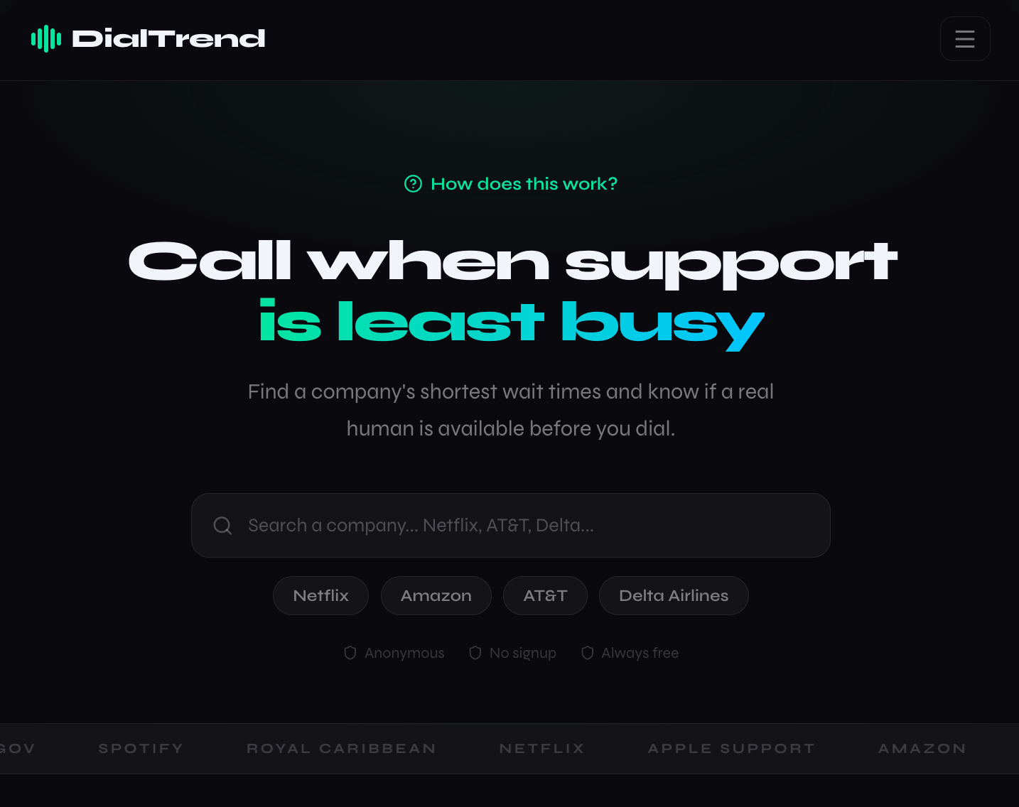 DialTrend homepage showing wait time tracker